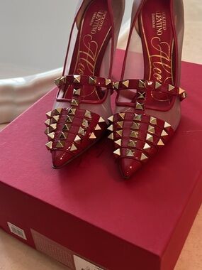 Valentino Garavani Red Patent Pointed Pump with Gold Pyramid Studs